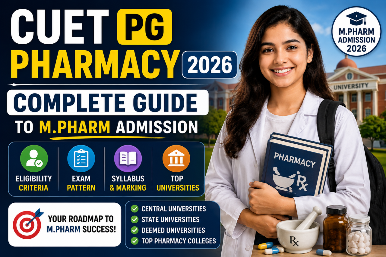 Thumbnail featuring a pharmacy student in a white lab coat holding pharmacy books, with a university campus background. The design highlights CUET PG Pharmacy 2026, M.Pharm admission details, eligibility criteria, exam pattern, syllabus, and top universities.