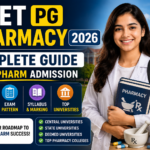 Thumbnail featuring a pharmacy student in a white lab coat holding pharmacy books, with a university campus background. The design highlights CUET PG Pharmacy 2026, M.Pharm admission details, eligibility criteria, exam pattern, syllabus, and top universities.