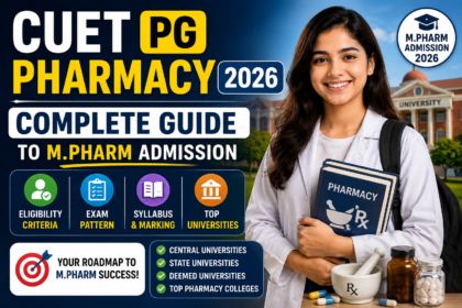 Thumbnail featuring a pharmacy student in a white lab coat holding pharmacy books, with a university campus background. The design highlights CUET PG Pharmacy 2026, M.Pharm admission details, eligibility criteria, exam pattern, syllabus, and top universities.