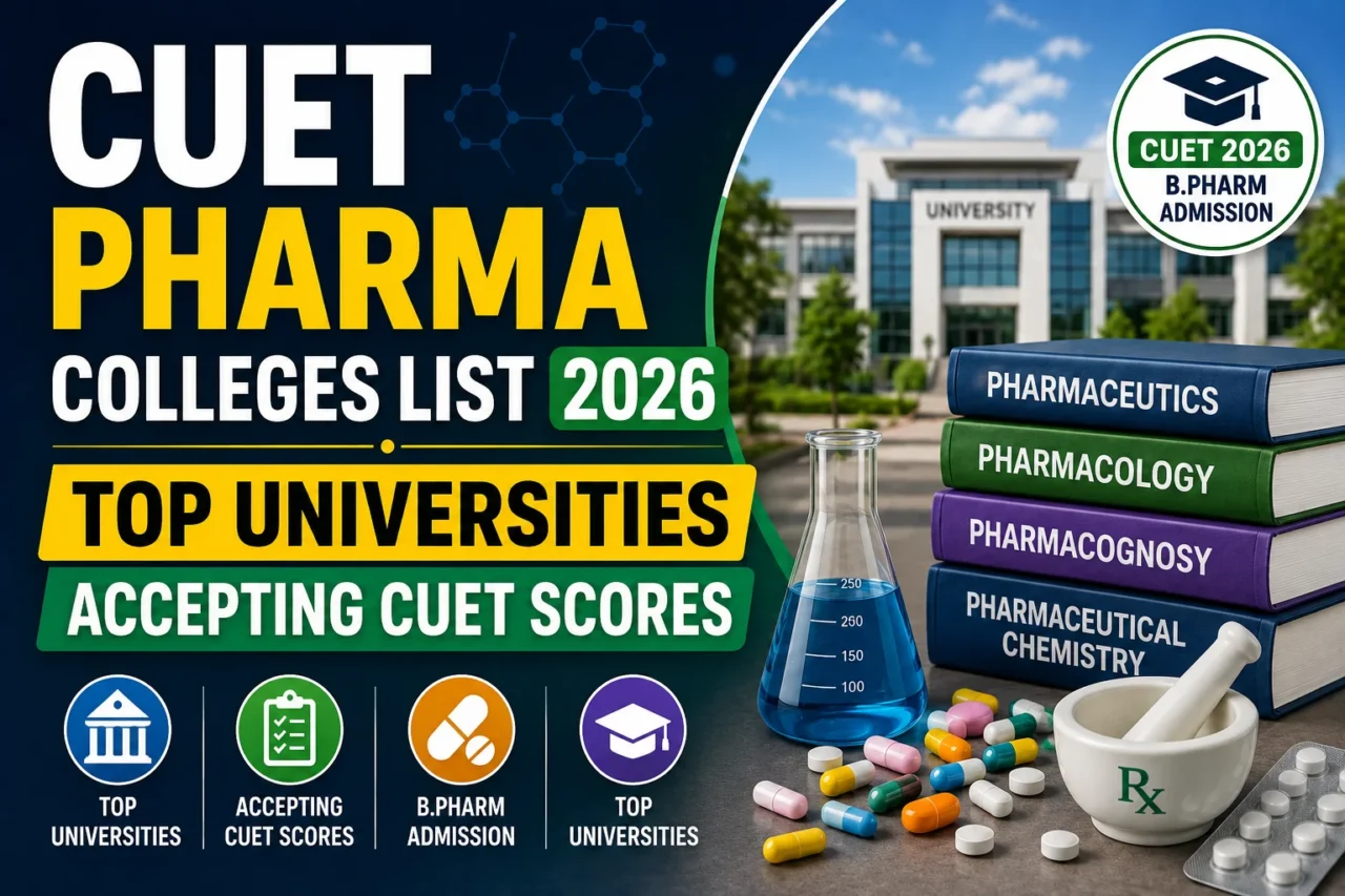 Thumbnail showcasing pharmacy education and CUET admissions with a university campus, pharmacy books, laboratory glassware, medicine capsules, and bold text highlighting the CUET Pharma Colleges List 2026 for B.Pharm aspirants.