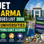 Thumbnail showcasing pharmacy education and CUET admissions with a university campus, pharmacy books, laboratory glassware, medicine capsules, and bold text highlighting the CUET Pharma Colleges List 2026 for B.Pharm aspirants.