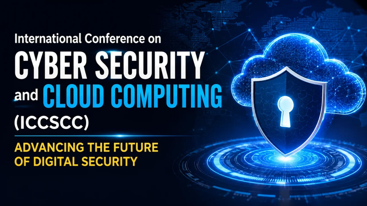 International Conference on Cyber Security and Cloud Computing (ICCSCC) banner featuring a digital cloud, cybersecurity shield with a keyhole, and futuristic network technology background.