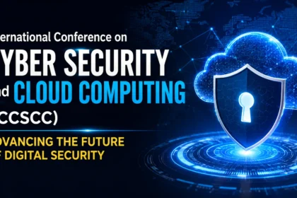 International Conference on Cyber Security and Cloud Computing (ICCSCC) banner featuring a digital cloud, cybersecurity shield with a keyhole, and futuristic network technology background.
