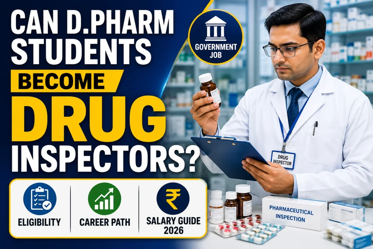 Thumbnail showing a Drug Inspector examining medicine products in a pharmacy setting with the headline "Can D.Pharm Students Become Drug Inspectors?" along with eligibility, career path, and salary guide information for 2026.