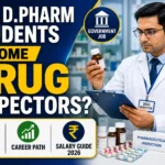 Thumbnail showing a Drug Inspector examining medicine products in a pharmacy setting with the headline "Can D.Pharm Students Become Drug Inspectors?" along with eligibility, career path, and salary guide information for 2026.