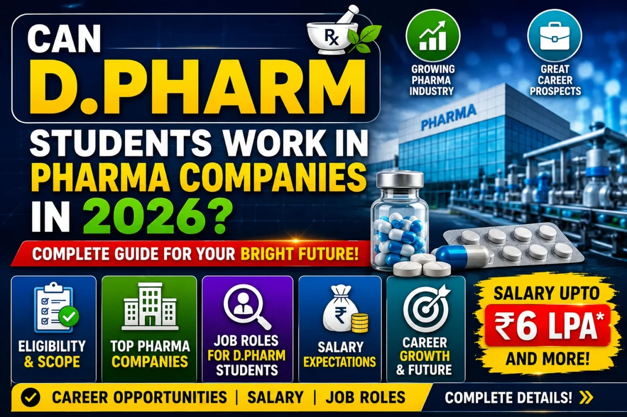 YouTube thumbnail about D.Pharm students working in pharmaceutical companies in 2026, featuring a pharma manufacturing facility, medicine capsules, salary highlights, career opportunities, and job role information.