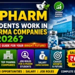 YouTube thumbnail about D.Pharm students working in pharmaceutical companies in 2026, featuring a pharma manufacturing facility, medicine capsules, salary highlights, career opportunities, and job role information.