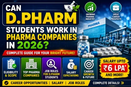 YouTube thumbnail about D.Pharm students working in pharmaceutical companies in 2026, featuring a pharma manufacturing facility, medicine capsules, salary highlights, career opportunities, and job role information.