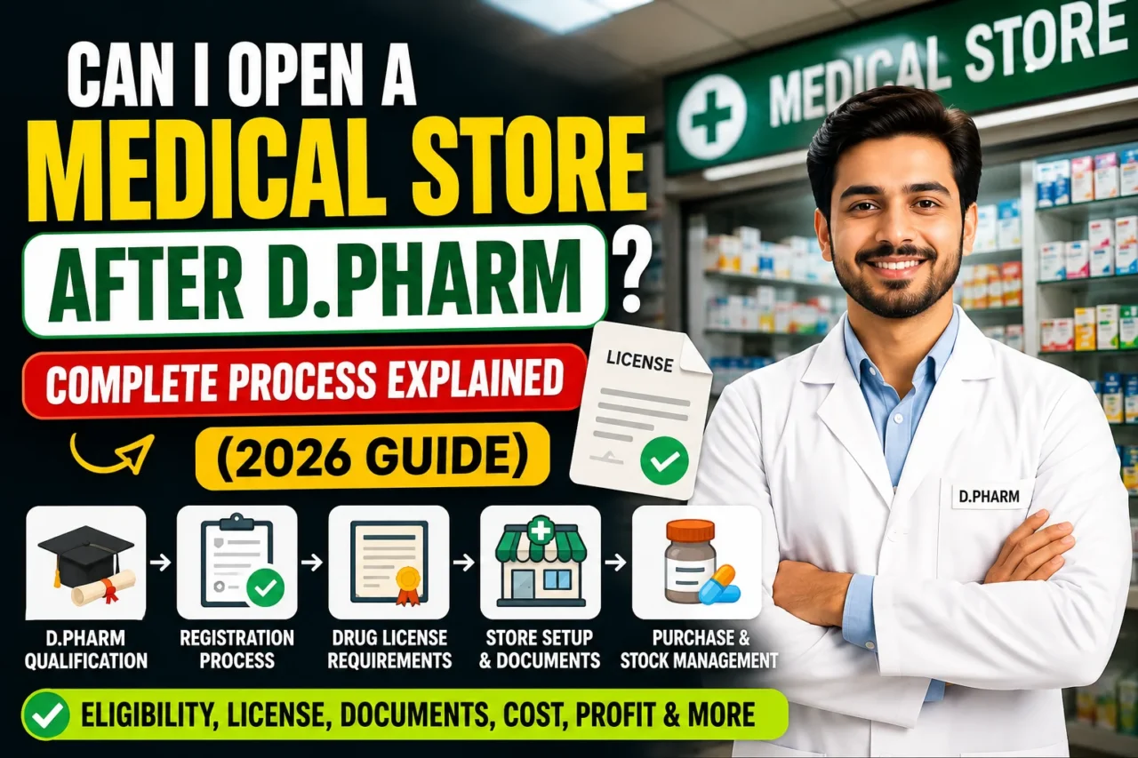 YouTube thumbnail showing a pharmacist standing inside a medical store with text: "Can I Open a Medical Store After D.Pharm? Complete Process Explained (2026 Guide)." The thumbnail highlights drug license, registration process, eligibility, documents, setup cost, and profit information for pharmacy graduates.