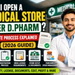 YouTube thumbnail showing a pharmacist standing inside a medical store with text: "Can I Open a Medical Store After D.Pharm? Complete Process Explained (2026 Guide)." The thumbnail highlights drug license, registration process, eligibility, documents, setup cost, and profit information for pharmacy graduates.