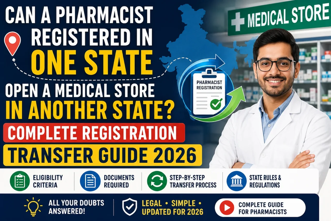 Pharmacist standing inside a medical store with graphics showing pharmacist registration transfer between states in India. Thumbnail explains whether a pharmacist registered in one state can open a medical store in another state, including registration transfer process, eligibility, documents required, and state regulations for 2026.