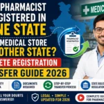 Pharmacist standing inside a medical store with graphics showing pharmacist registration transfer between states in India. Thumbnail explains whether a pharmacist registered in one state can open a medical store in another state, including registration transfer process, eligibility, documents required, and state regulations for 2026.