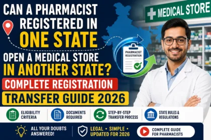 Pharmacist standing inside a medical store with graphics showing pharmacist registration transfer between states in India. Thumbnail explains whether a pharmacist registered in one state can open a medical store in another state, including registration transfer process, eligibility, documents required, and state regulations for 2026.