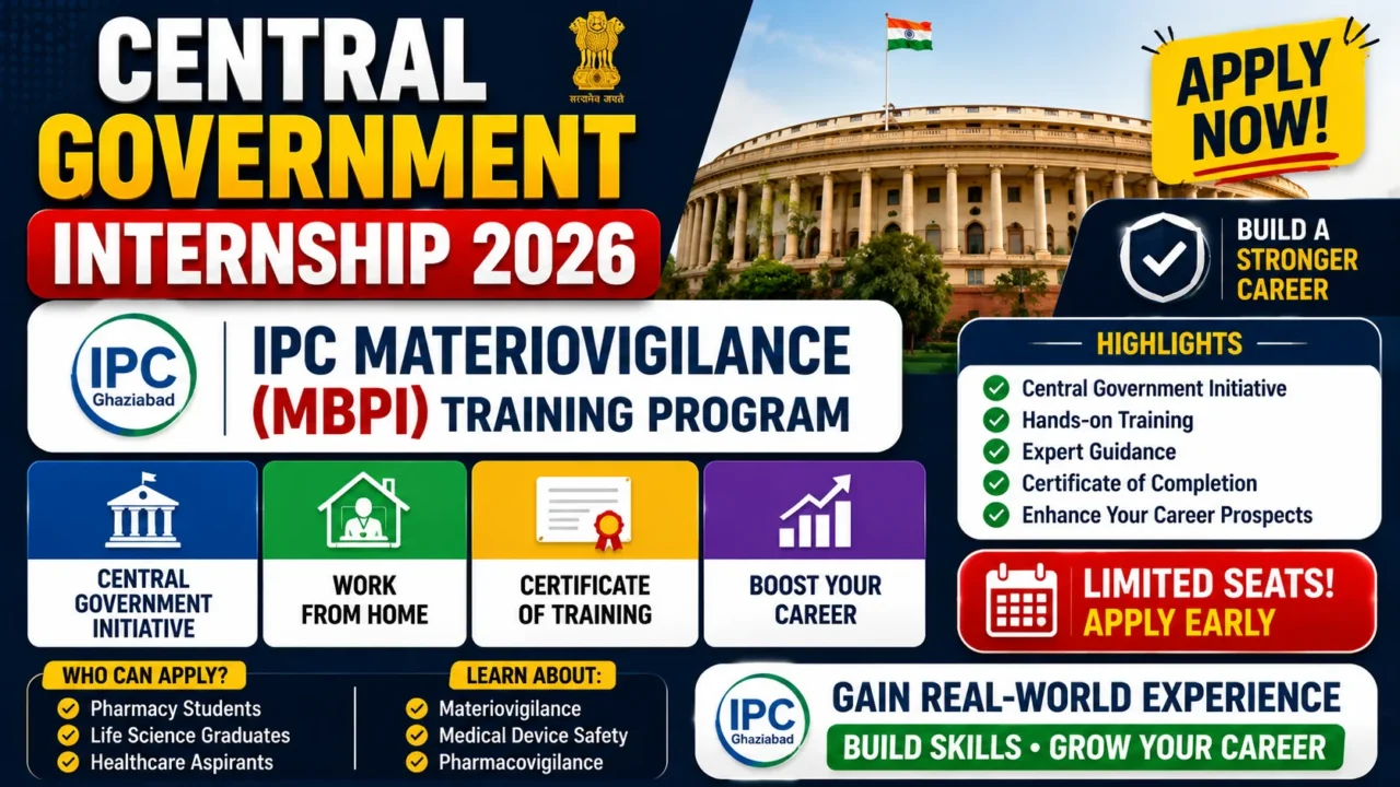 Central Government Internship 2026 thumbnail featuring the IPC Materiovigilance (MBPI) Training Program, highlighting hands-on training, certificate of completion, government initiative, and career development opportunities.