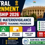 Central Government Internship 2026 thumbnail featuring the IPC Materiovigilance (MBPI) Training Program, highlighting hands-on training, certificate of completion, government initiative, and career development opportunities.