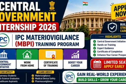 Central Government Internship 2026 thumbnail featuring the IPC Materiovigilance (MBPI) Training Program, highlighting hands-on training, certificate of completion, government initiative, and career development opportunities.