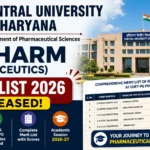 Central University of Haryana M.Pharm (Pharmaceutics) Merit List 2026 announcement thumbnail featuring the university campus building, merit list table preview, GPAT and CUET-PG admission highlights, top GPAT percentile score, and academic session 2026-27 details in a professional 16:9 educational design.