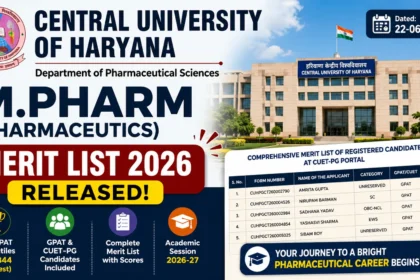 Central University of Haryana M.Pharm (Pharmaceutics) Merit List 2026 announcement thumbnail featuring the university campus building, merit list table preview, GPAT and CUET-PG admission highlights, top GPAT percentile score, and academic session 2026-27 details in a professional 16:9 educational design.