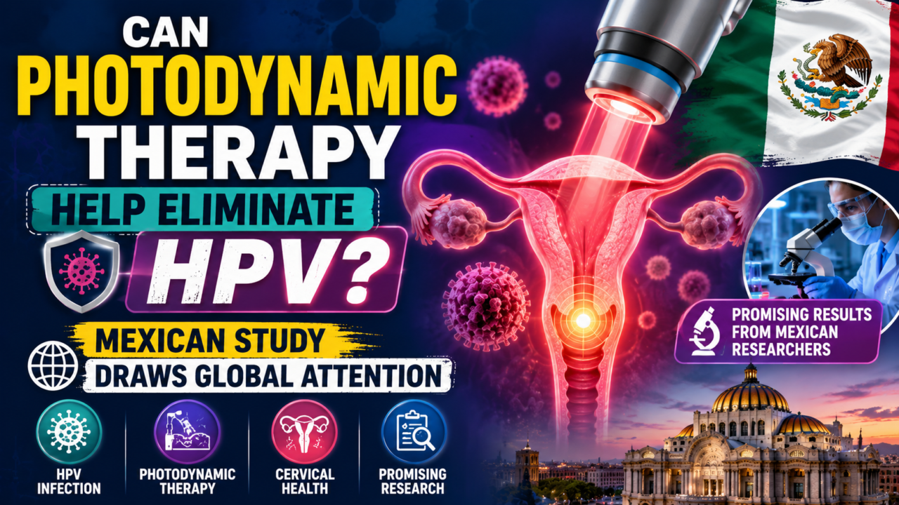Medical research thumbnail showing photodynamic therapy targeting HPV infection, featuring cervical health imagery, scientific laboratory research, HPV virus illustrations, and a Mexican study highlighting promising treatment outcomes.