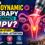 Medical research thumbnail showing photodynamic therapy targeting HPV infection, featuring cervical health imagery, scientific laboratory research, HPV virus illustrations, and a Mexican study highlighting promising treatment outcomes.