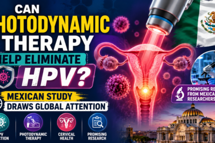 Medical research thumbnail showing photodynamic therapy targeting HPV infection, featuring cervical health imagery, scientific laboratory research, HPV virus illustrations, and a Mexican study highlighting promising treatment outcomes.