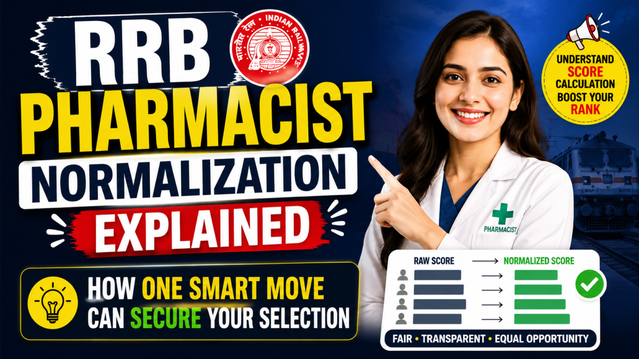 RRB Pharmacist Normalization Explained thumbnail featuring a pharmacist, Indian Railways logo, normalization score chart, and selection strategy highlighted in a bold 16:9 design.