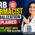 RRB Pharmacist Normalization Explained thumbnail featuring a pharmacist, Indian Railways logo, normalization score chart, and selection strategy highlighted in a bold 16:9 design.