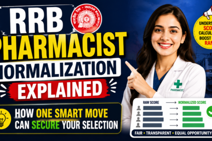 RRB Pharmacist Normalization Explained thumbnail featuring a pharmacist, Indian Railways logo, normalization score chart, and selection strategy highlighted in a bold 16:9 design.