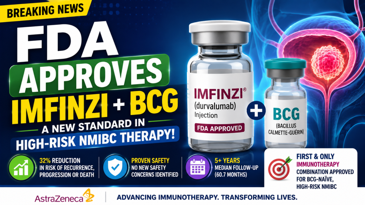 Eye-catching thumbnail showing FDA approval of Imfinzi and BCG combination therapy for high-risk non-muscle-invasive bladder cancer, featuring drug vials, bladder cancer illustration, and key clinical benefits.