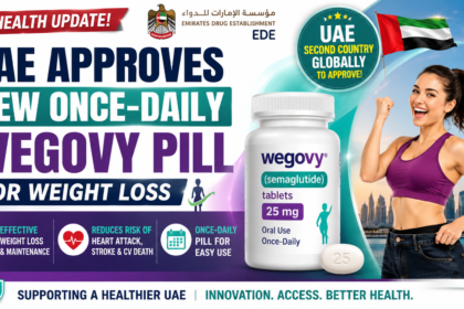 Attractive 16:9 thumbnail showing UAE approval of oral Wegovy (semaglutide) for weight loss, featuring a Wegovy pill bottle, a healthy woman, UAE flag, and key health benefits.