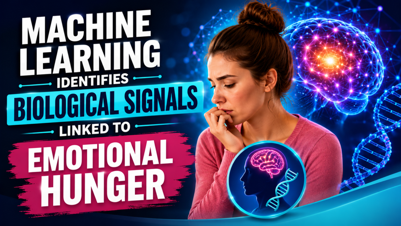 Colorful blog thumbnail showing a thoughtful woman, glowing brain and DNA graphics, and the headline about machine learning identifying biological signals linked to emotional hunger.
