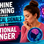 Colorful blog thumbnail showing a thoughtful woman, glowing brain and DNA graphics, and the headline about machine learning identifying biological signals linked to emotional hunger.