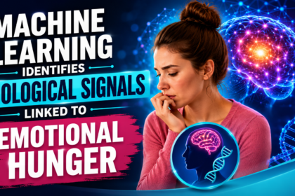 Colorful blog thumbnail showing a thoughtful woman, glowing brain and DNA graphics, and the headline about machine learning identifying biological signals linked to emotional hunger.