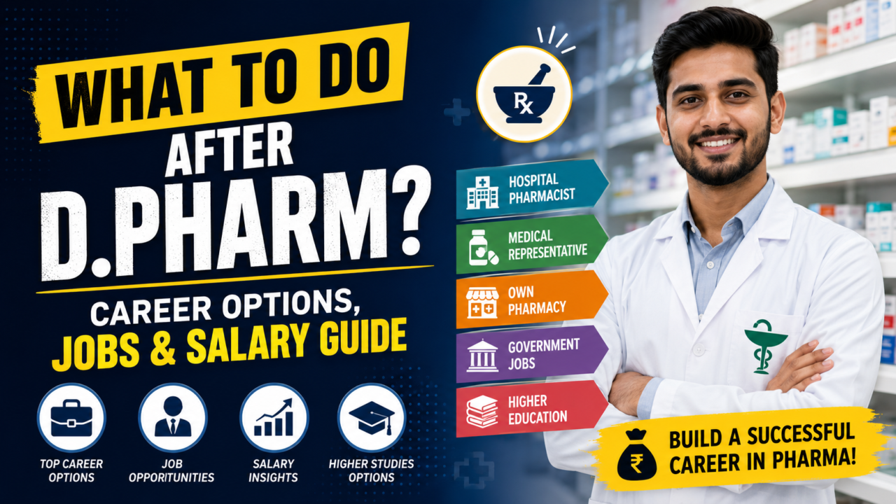 A professional blog thumbnail showing a smiling pharmacist in a pharmacy with the headline "What to Do After D.Pharm?" and highlighting career options such as Hospital Pharmacist, Medical Representative, Own Pharmacy, Government Jobs, Higher Education, and Salary Guide.
