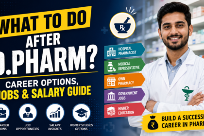 A professional blog thumbnail showing a smiling pharmacist in a pharmacy with the headline "What to Do After D.Pharm?" and highlighting career options such as Hospital Pharmacist, Medical Representative, Own Pharmacy, Government Jobs, Higher Education, and Salary Guide.