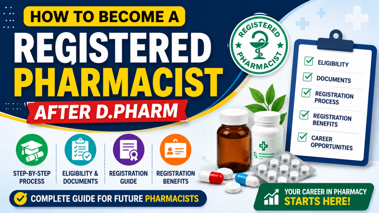 Colorful infographic thumbnail showing how to become a registered pharmacist after D.Pharm with registration checklist, pharmacy symbols, medicine bottles, and career guidance icons.