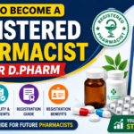 Colorful infographic thumbnail showing how to become a registered pharmacist after D.Pharm with registration checklist, pharmacy symbols, medicine bottles, and career guidance icons.