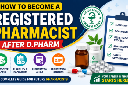 Colorful infographic thumbnail showing how to become a registered pharmacist after D.Pharm with registration checklist, pharmacy symbols, medicine bottles, and career guidance icons.