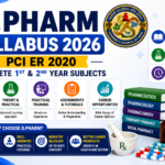 D.Pharm Syllabus 2026 infographic featuring PCI ER 2020 curriculum, complete 1st and 2nd year subjects, theory and practical courses, training hours, assignments, tutorials, and pharmacy career opportunities.