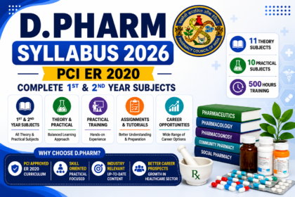 D.Pharm Syllabus 2026 infographic featuring PCI ER 2020 curriculum, complete 1st and 2nd year subjects, theory and practical courses, training hours, assignments, tutorials, and pharmacy career opportunities.