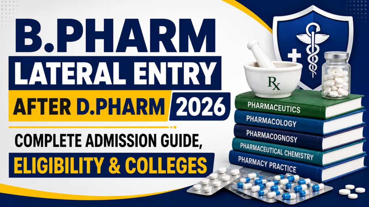 B.Pharm lateral entry after D.Pharm 2026 thumbnail featuring pharmacy books, medicine capsules, mortar and pestle, and admission guide information for direct second-year B.Pharm admission.