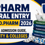 B.Pharm lateral entry after D.Pharm 2026 thumbnail featuring pharmacy books, medicine capsules, mortar and pestle, and admission guide information for direct second-year B.Pharm admission.