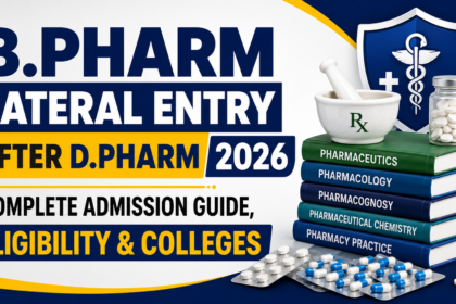 B.Pharm lateral entry after D.Pharm 2026 thumbnail featuring pharmacy books, medicine capsules, mortar and pestle, and admission guide information for direct second-year B.Pharm admission.
