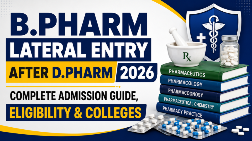 B.Pharm lateral entry after D.Pharm 2026 thumbnail featuring pharmacy books, medicine capsules, mortar and pestle, and admission guide information for direct second-year B.Pharm admission.