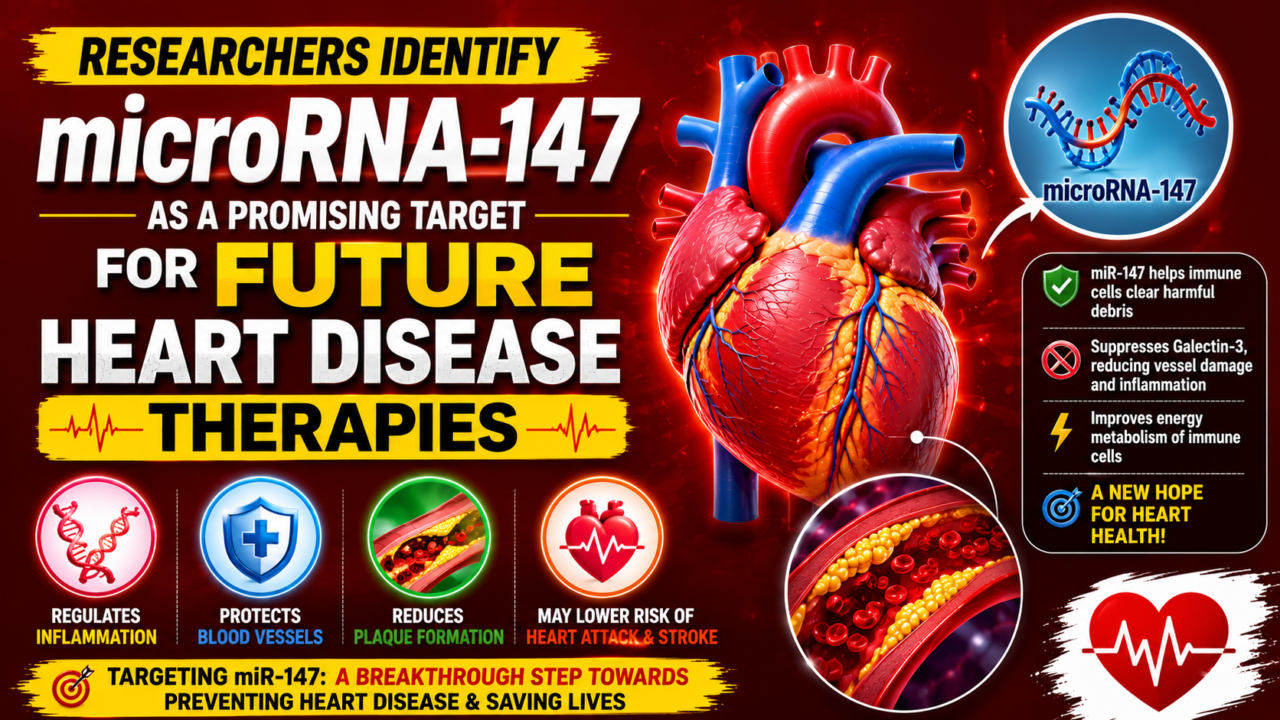 Medical research infographic featuring a human heart, artery plaque buildup, DNA strand labeled microRNA-147 (miR-147), and visual elements highlighting its potential role in reducing inflammation, preventing plaque formation, and supporting future heart disease treatments.