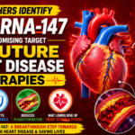 Medical research infographic featuring a human heart, artery plaque buildup, DNA strand labeled microRNA-147 (miR-147), and visual elements highlighting its potential role in reducing inflammation, preventing plaque formation, and supporting future heart disease treatments.