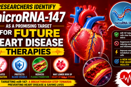 Medical research infographic featuring a human heart, artery plaque buildup, DNA strand labeled microRNA-147 (miR-147), and visual elements highlighting its potential role in reducing inflammation, preventing plaque formation, and supporting future heart disease treatments.