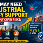 Business and economic infographic featuring cargo containers, factory production lines, supply chain networks, export-import trade visuals, and industrial growth charts highlighting India's manufacturing sector amid global supply chain disruptions and economic uncertainty.
