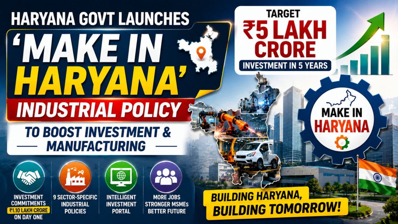 Modern industrial investment thumbnail featuring Haryana state development, manufacturing plants, industrial infrastructure, business growth charts, investment agreements, factories, and economic development visuals highlighting the Make in Haryana policy initiative.