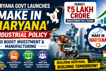 Modern industrial investment thumbnail featuring Haryana state development, manufacturing plants, industrial infrastructure, business growth charts, investment agreements, factories, and economic development visuals highlighting the Make in Haryana policy initiative.
